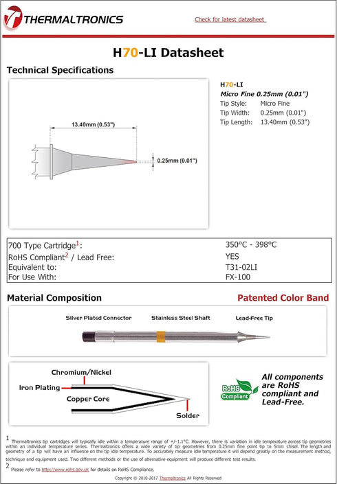 Thermaltronics H70-LI Micro Fine 0.25mm (0.01in) interchangeable for Hakko T31-02LI...