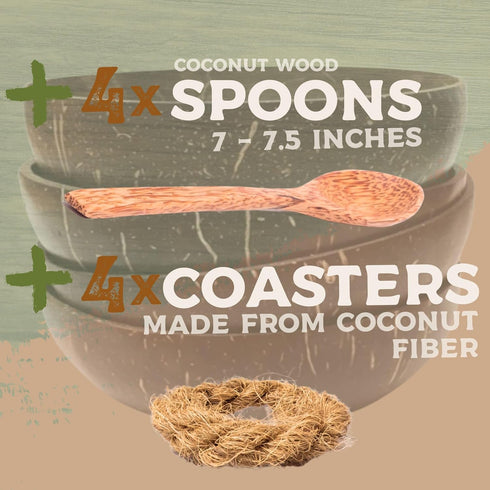 4 Handcrafted Wooden Bowls for Food Coconut Bowl Set with Spoons & Anti-Tip Coconut Rings perfect for Smoothie Bowls, Yogurt or Cereals...