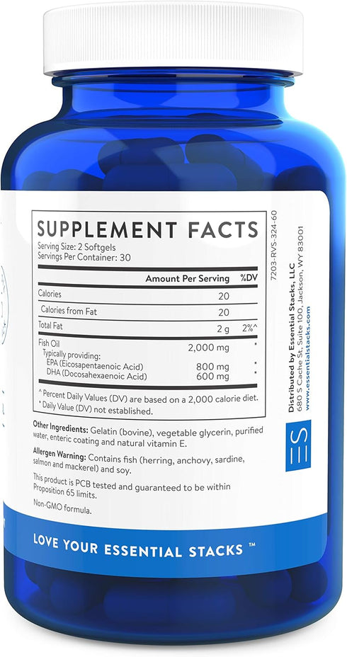 Essential Stacks Smart Omega 3 - Burpless Fish Oil - 1400mg EPA DHA Per Serving, Enteric Coated (60 Capsules)...