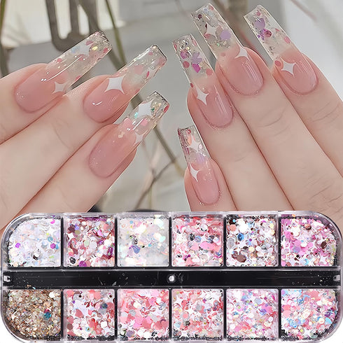 12 Grids Nail Art Glitter Sequins, Holographic Hexagon Chunky Nail Glitter Shiny Heart Mermaid Nail Flakes Sequins Nail Art Supplies Hexagon Nail ...