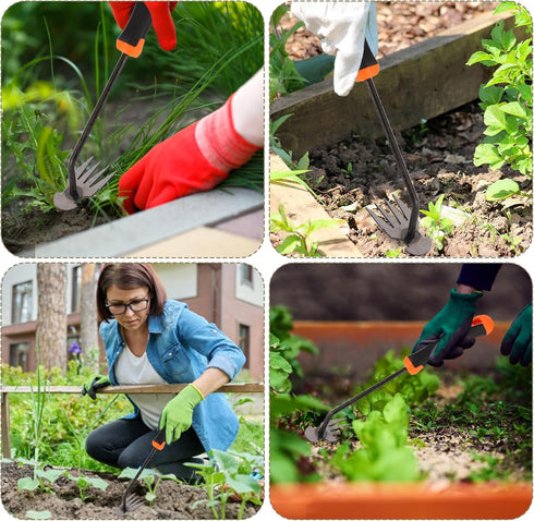 Weeding Artifact Uprooting Weeding Tool, 4 Teeth Hand Weeder Tool Stand Up Dual Purpose Rake with Rubber Handle Pulling Stainless Steel Multifunct...