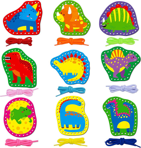 9 Pieces Kids Lacing Cards, Double Sided Sewing Cards in 9 Dinosaurs with 9 Colorful Laces, Imagination Development Lacing Toys Games for Children...
