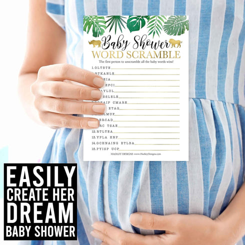 Hadley Designs Hilarious Baby Shower Games Set – 25 Double-Sided Cards for 25 Guests, 2 Games, Word Scramble Baby Shower Game, True or False, Gend...