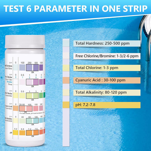 Pool Test Strips for Above Ground Pool: 150 Counts 6 in 1 Pool Spa Test Strips for Hot Tub Swimming Pool Test Kit Testing Chlorine, pH, Bromine, A...