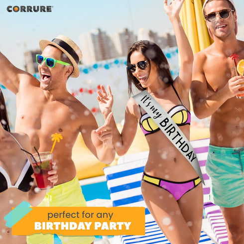 CORRURE 'It's My Birthday' Sash Glitter with Black Foil - Silver Glitter Birthday Sash for Women and Men - Happy Birthday Sash for Girls, Sweet 16...
