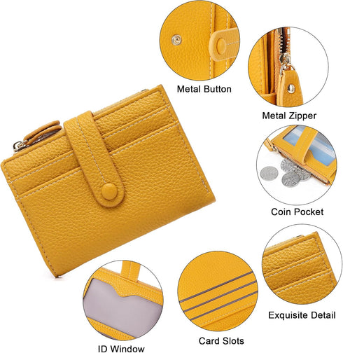 Small Wallet for Women,Leather RFID Blocking Wallets,Bifold Ladies Wallets Card Holder Zipper Coin Pocket with ID Window Yellow...