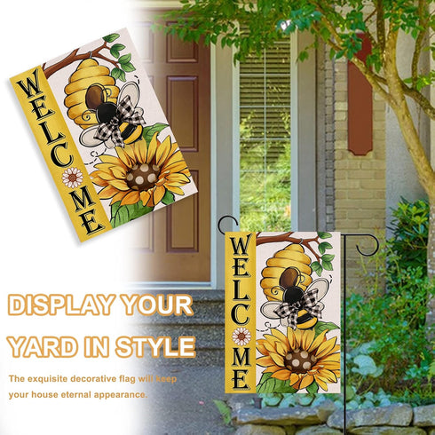 Welcome Spring Summer Bumble Bee Sunflower Decorative Garden Flag, Flower Honeycomb Yard Outside Decorations, Buffalo Plaid Bow Burlap Farmhouse O...