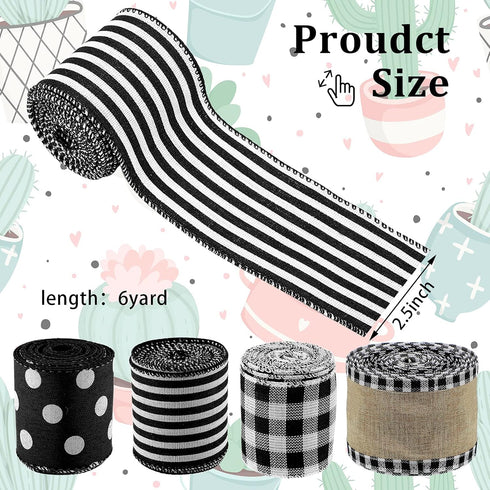 4 Rolls 24 Yards Christmas Farmhouse Buffalo Plaid Ribbons Wired Edge 2.5 Inch Farmhouse Burlap Ribbon Black White Stripe Wrapping Ribbon Polka Do...