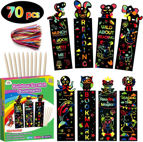ZMLM Animal Scratch Bookmark for Kids: 70 Pcs 14 Style Magic Scratch Rainbow Bookmarks Making Kit for Girl Boy Party Favor Classroom Activity DIY ...