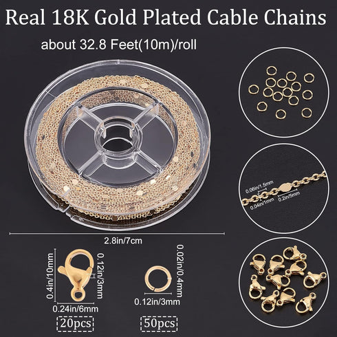 Beebeecraft 32.8 Feet 18K Gold Plated Chains for Jewelry Making Flat Round Link Cable Chain with 20 Lobster Claw Clasps and 50 Jump Rings...