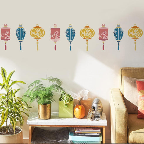 FINGERINSPIRE 3 Shapes Chinese Lantern Stencil 11.7x8.3 inch Oriental Lantern Stencil with Lotus Bamboo Leaves Magnolia Flower Patterns, Flexible ...
