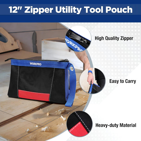 WORKPRO 12" Tool Pouches with Zipper, Utility Bag Pouch for Tool Organizers and Storage, Small Tool Bag, Multipurpose Storage pouch 2-Pack...