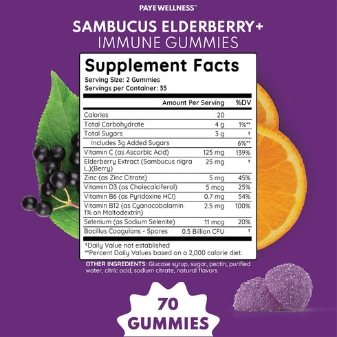 Sambucus Elderberry Immune Gummies, Daily Immune Support for Kids and Adults*, with Zinc, Vitamin C, D3, B6, B12, Plus - Dietary Supplement - 70 C...