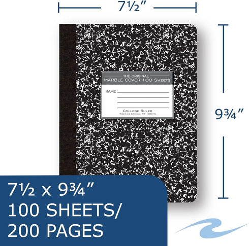 ROARING SPRING Hard Cover Composition Book, 9 3/4" x 7 1/2", College Ruled, 100 sheets, Black Marble Cover (77264)...