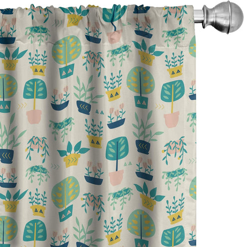 Lunarable Botanical Curtains, Vintage Design Doodle Pattern of Home Plants and Flowers in Pots, Window Treatments 2 Panel Set for Living Room Bedr...