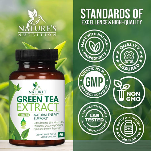 Green Tea Extract Capsules 1000mg 98% Standardized EGCG - 3X Strength for Natural Energy - Heart Support with Polyphenols - Gentle Caffeine - 60 C...