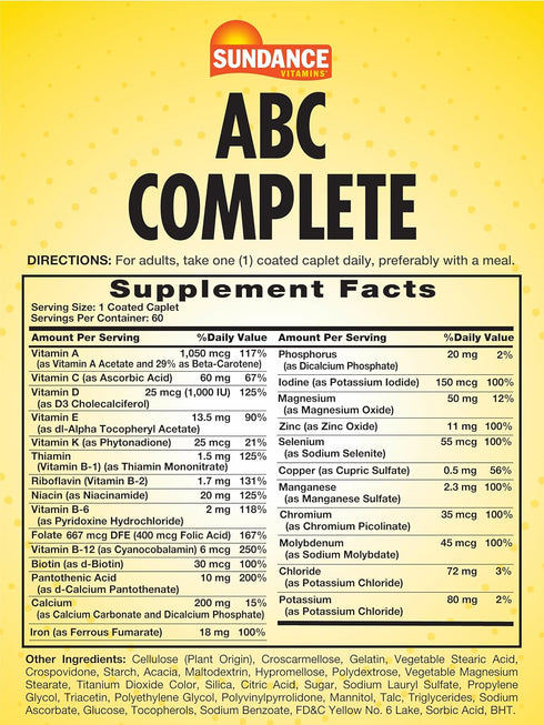 ABC Complete Multivitamin for Women & Men | 60 Caplets | with Mineral Formula | Non-GMO and Gluten Free Supplement | by Sundance...