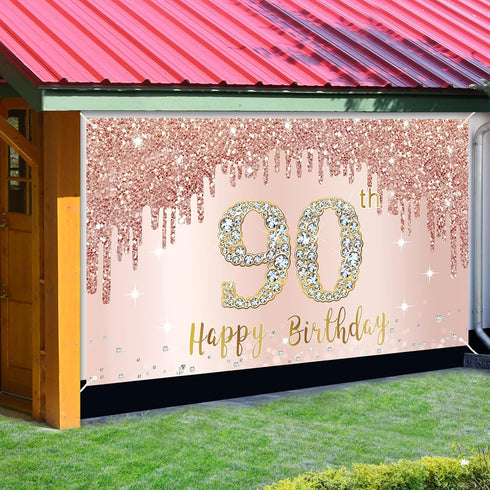 Happy 90th Birthday Banner Backdrop Decorations for Women, Rose Gold 90 Birthday Party Sign Supplies, Pink 90 Year Old Birthday Poster Background ...