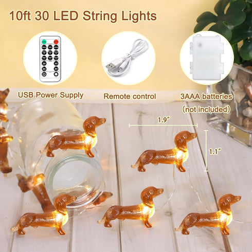 Impress Life Pet Theme Decorative String Lights, 10ft 30 LED Dachshund Dog Twinkle Lights, USB Battery Operated with Remote for Indoor Covered Out...