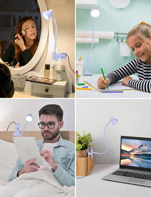 Clip on Lamp USB Reading Light, 3 Color Modes, 10 Brightness Dimmable, Flexible Gooseneck Desk Lamp with Clamp, Eye Care Clip on Light for Bed Hea...