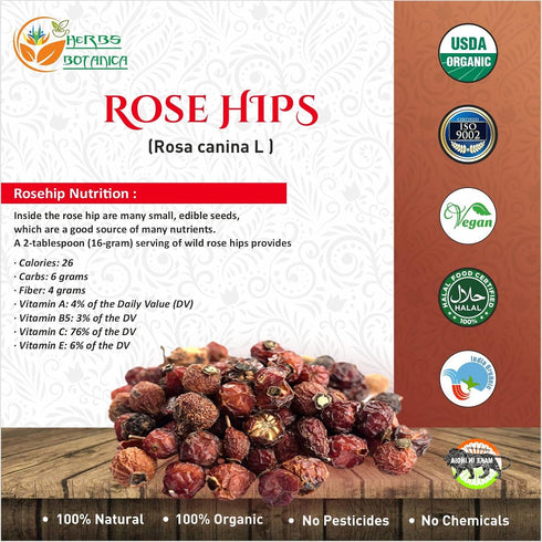 Herbs Botanica Rosehips Dried Organic Rose Hip Herbal Tea, Homemade Sauce, Jellies, Soups, Seasoning, Syrup Vitamin C Rich 100% Naturally Dried Ro...
