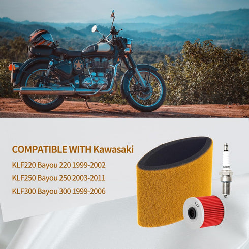 Air Filter 11013-1275 & Oil Filter & Spark Plug Compatible with Kawasaki KLF220 KLF250 KLF300 Bayou 220 250 300 4x4 ATV 1999-2011...