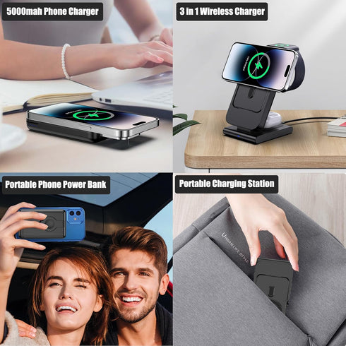 3 in 1 Magnetic Portable Wireless Charging Station for iPhone 15 Pro Max/14/13/12, Mag-Safe Charger Stand with 5000mAh Wireless Charger, Magnetic ...