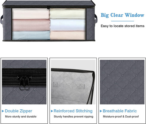 HomeHacks Storage 3-Pack Clothes Organizer Storage Bags Foldable Storage Box with Large Clear Window Sturdy Handles for Closet, Dorm, Pillows, Bed...