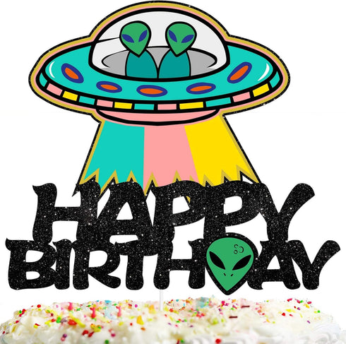 ET Happy Birthday Cake Topper Decorations with UFO for Alien Theme Picks for Kids Party Decor Supplies...