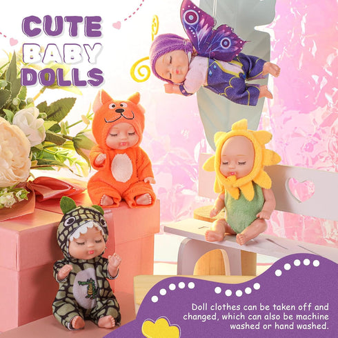 Hanaive 4 Pcs 4 Inch Mini Baby Dolls Lifelike Realistic Baby Dolls Animal Clothes Cute Tiny Babies Gifts for Kids Birthday Baby Shower (Novelty St...