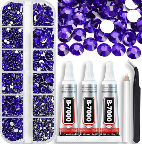 B7000 Clear Glue with 4000PCS Purple Violet Rhinestones for Crafts Clothing Fabric Shoes, Glue Fix Flatback Gems for Nails Face Jewelry, Mixed 5 S...