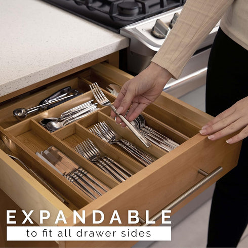 Masirs Expandable Bamboo Kitchen Drawer Organizer - Adjusts to Fit Drawer Size, Ideal for Silverware, Utensils, and Office Supplies, Durable Bambo...