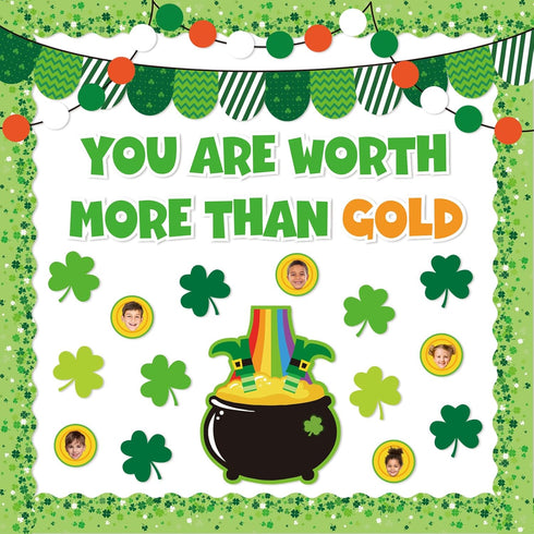72Pcs St. Patrick's Day Bulletin Board Decor Set Shamrock Clover Gold Coin Cut-Outs with Glue Points Bulletin Board Stickers for Irish Holiday Sch...