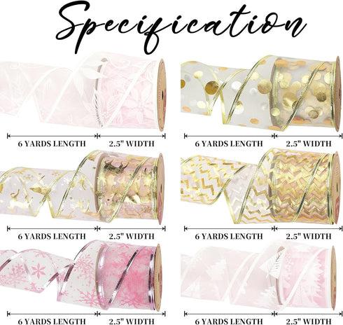 MEEDEE Pink Wired Christmas Ribbon - 2.5 Inch, 6 Rolls, 36 Yards for Tree, Wreaths & Garland...