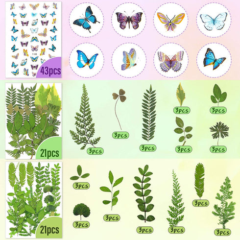 Nuanchu 223 Pcs Real Dried Pressed Flowers for Crafts Natural Dried Leaves and Butterfly Stickers Set Colorful Daisy Flowers and Adhesive Butterfl...
