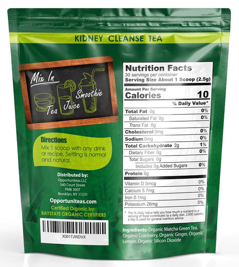 Opportuniteas Organic Kidney Cleanse Detox & Repair Tea - Matcha Green Tea, Cranberry, Lemon & Ginger. 4 Cleansing Superfoods for Drinks. Vegan & ...