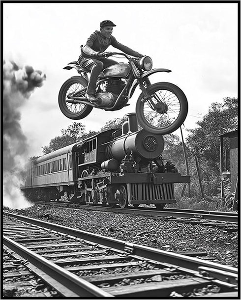 Posterizer 1 pcs-black and white photo-motorcycle on train track 3-Photography Art-Retro Art-Decor for Home & Office- unframed wall art...