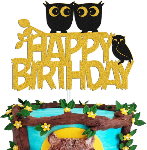 Owl Cake Topper Happy Birthday Sign Cake Decorations for Owl Themed Kids Boy Girl Birthday Baby Shower 1st Bday Party Supplies Gold GoldSparkle Dé...