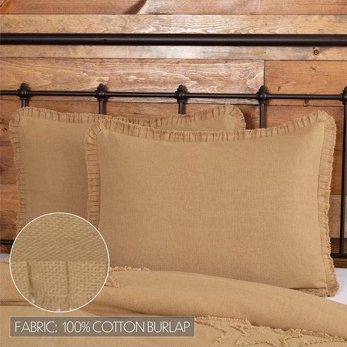 VHC Brands Burlap Pillow Sham Cover with Fringed Ruffle Cotton Farmhouse Decor Button...