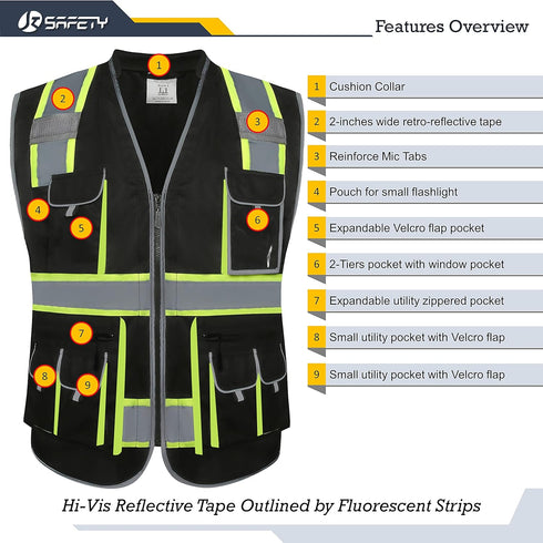 JKSafety 10 Pockets Hi-Vis Zipper Front Black Safety Vest | Cushioned Collar | High Reflective Tapes with Extended Neon Yellow Strips | Meets ANSI...