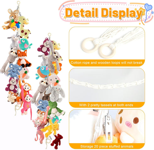 2pcs Stuffed Animal Storage Chain - Boho Stuffed Animal Hammock with 40pcs Metal Clips, Stuff Animal Organizer Hanging Storage for Kids Bedroom Wa...