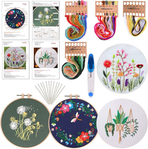 FEPITO 4 Sets Embroidery Starter Kit with Pattern and Instructions Cross Stitch Kit Includes 4Pcs Embroidery Clothes with Floral Pattern, 2 Pcs Em...