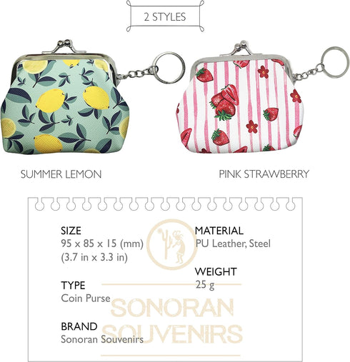 Small Buckle Coin Purse Vintage Pouch Kiss-lock Clasp Change Purse Keychain Wallet (2 Pack - Summer Lemon & Pink Strawberry)...