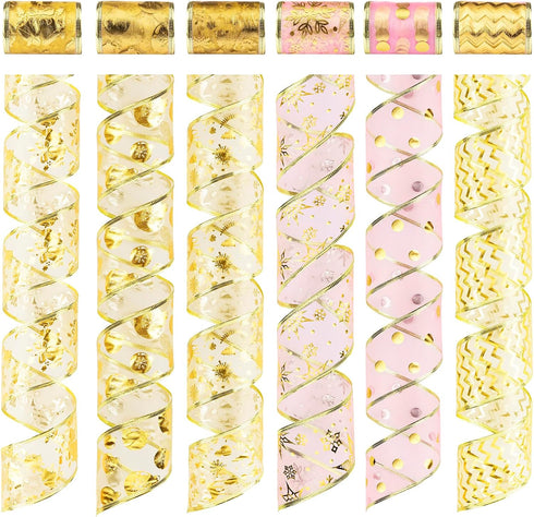 Gold Ribbon for Christmas Tree 2.5 Inch 6 Rolls 36 Yards Gold Christmas Ribbon Gold Ribbon,Wired Holiday Party Ribbons Assorted Patterns Decoratio...