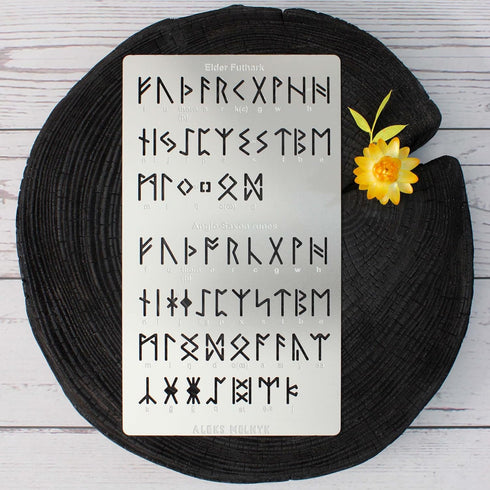 Aleks Melnyk No.409 Metal Stencil, Elder Futhark and Anglo-Saxon Runes 0.5in, Ancient Alphabet, Sigil Magic Alphabet Stencil 1 PC, Template Wood B...