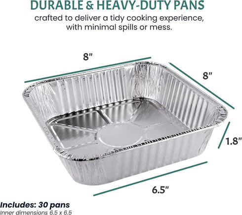 FUNSTITUTION Aluminum Foil Pans 8x8 Inches (30 Pack) - Tin Foil Pans with High Heat Conductivity - Disposable Aluminum Tray Cookware For Baking, G...