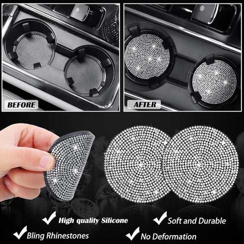 10 Pcs Bling Car Accessories Set for Women Girl Rhinestones Leather Accessories Bling Steering Wheel Cover Armrest Cover Gear Shift Cover Seat Bel...
