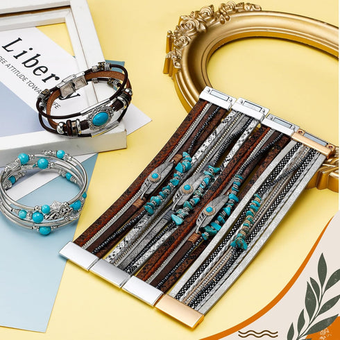 Sasylvia 6 Pcs Turquoise Bracelet for Women Leather Bracelet Western Jewelry for Women Multilayer Boho Cuff Bangle Set...