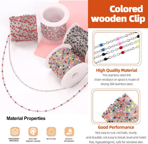 Tanstic 42Pcs 16.4Feet/5M Beaded Silver Chain Kit, Stainless Steel Colorful Bead Link Chain, Rosary Chain Bulk with Lobster Clasps, Jump Rings and...