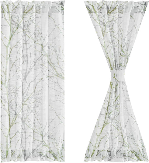 FMFUNCTEX Sheer French Door Curtains 40 Inches Long Green White Semi-Sheer Patio Half Door Panel Branch Tree Print Curtains for Glass Door with 1 ...